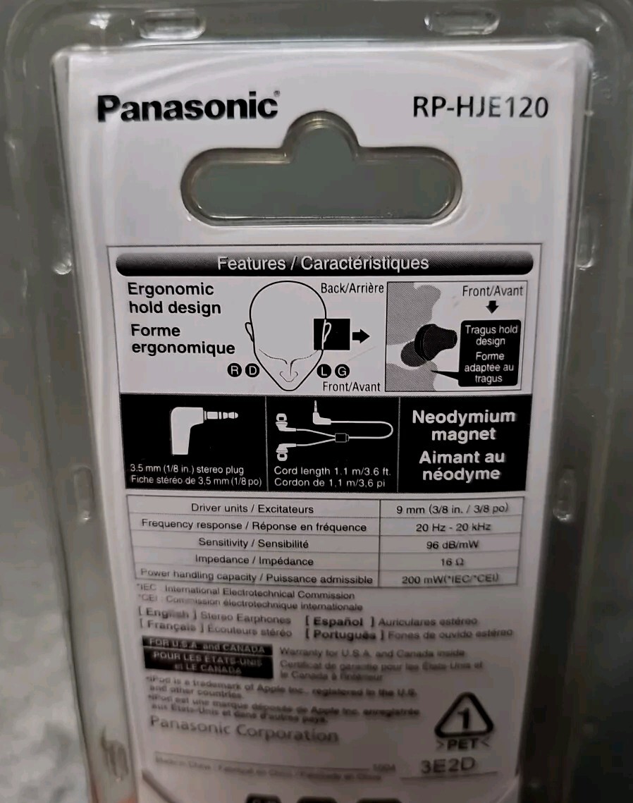 NEW Panasonic RP-HJE120 ErgoFit Earbud Headphones Ergonomic Hold Design Black