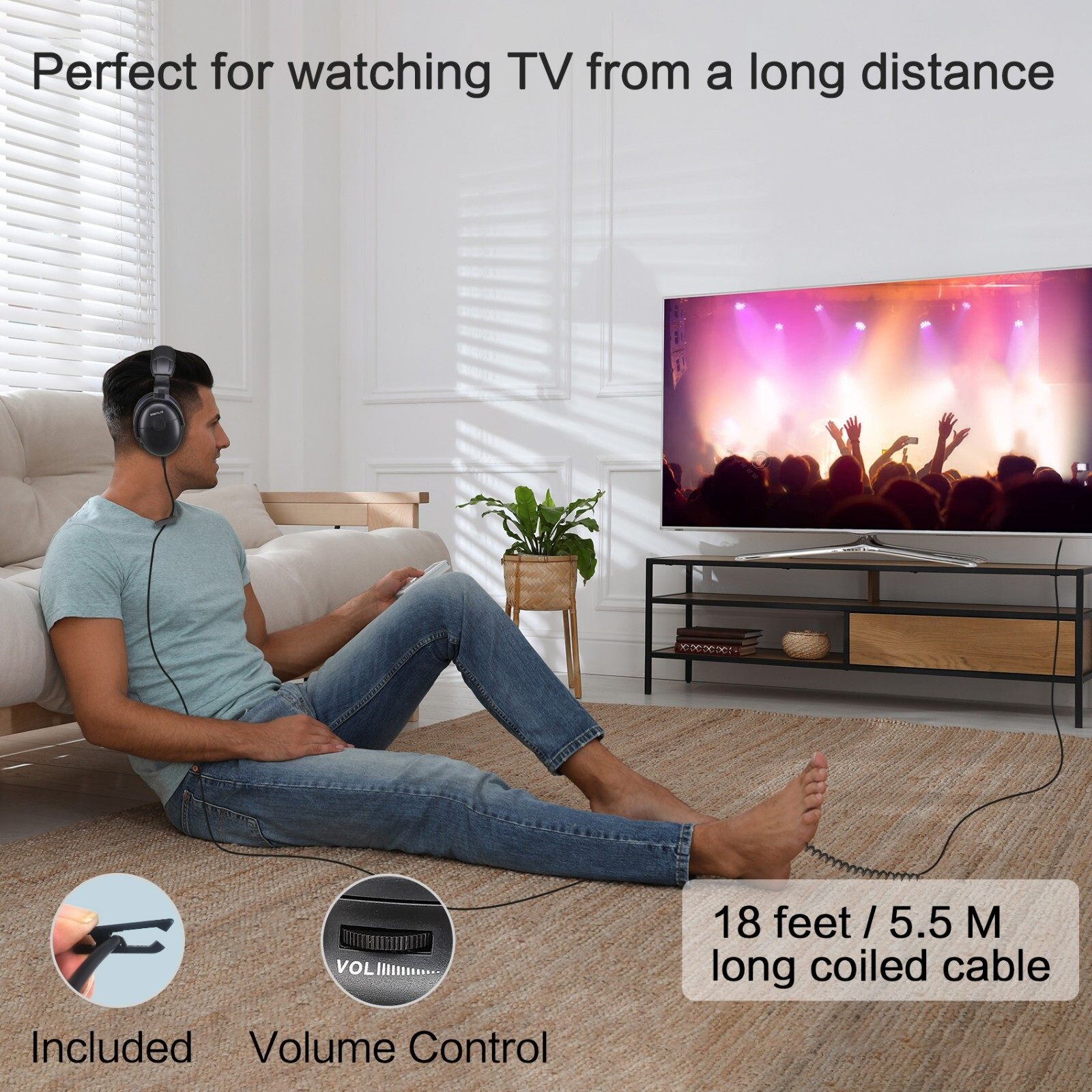 SIMOLIO Wired Long Cord Headphones for TV with Volume Amplified & Clear Dialogue