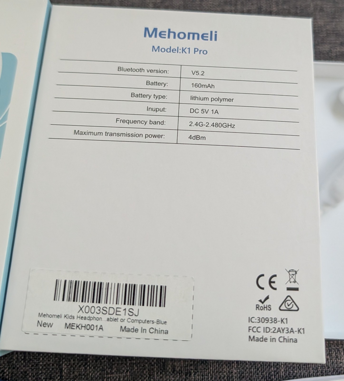 Mehomeli Kids Wireless Headphones Model K1 Pro Blue Open-Ear Bluetooth V5.2 LNXT