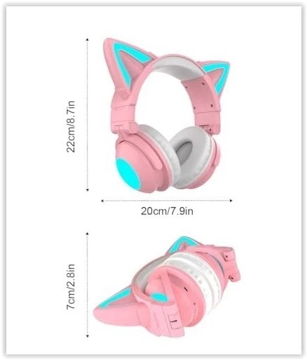 Cute Cat Ear Bluetooth Headphones for Kids & Adults, LED Lights, Foldable NOB