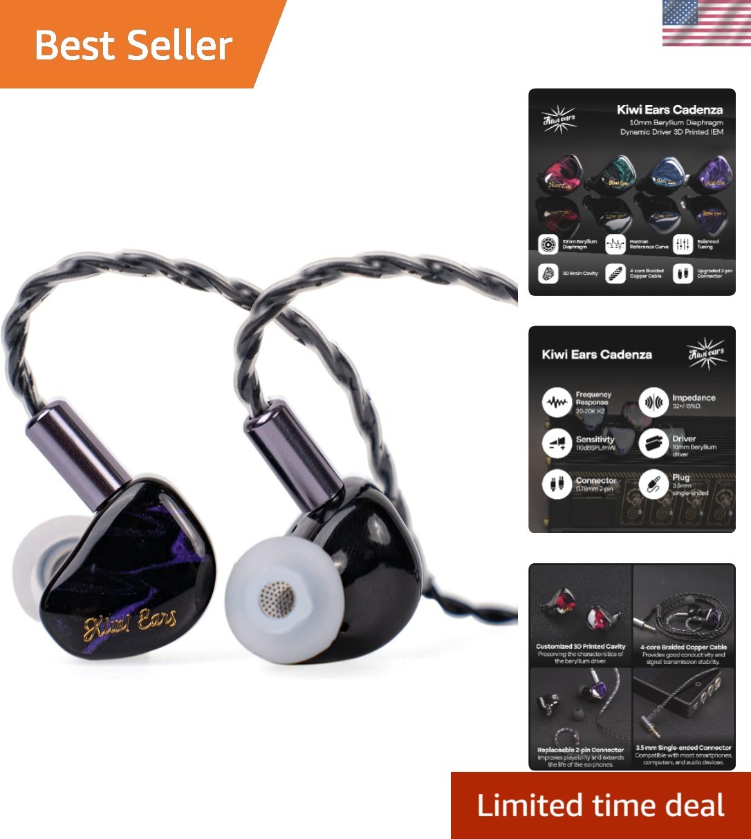 Kiwi Ears Cadenza 10mm Beryllium Dynamic Driver IEM 3D Printed with Detachabl…