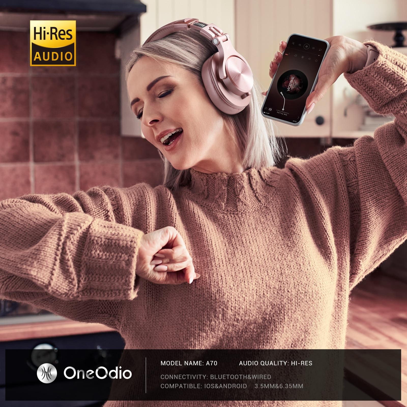 OneOdio A70 Bluetooth Over Ear Headphones for Women and Girls, Pink DJ Headphone