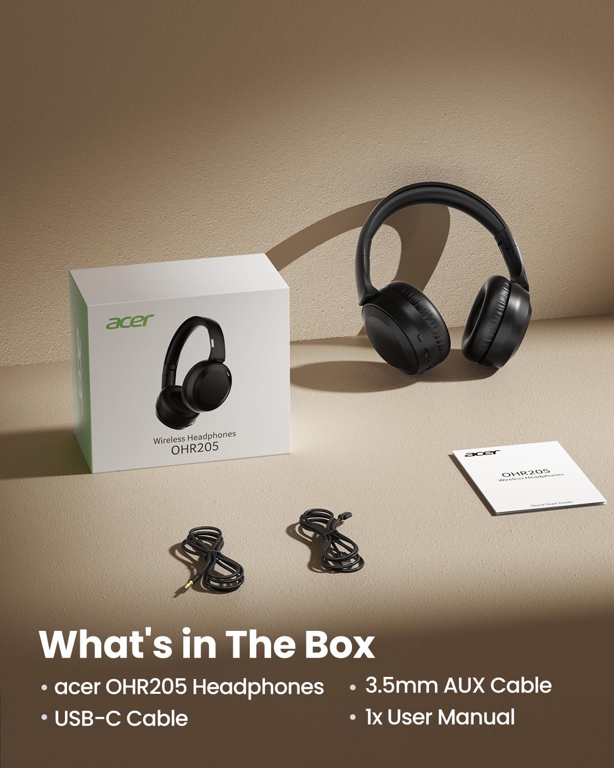 acer Wireless Bluetooth Headphones, 70 Hours Playtime, Foldable OHR205, Black