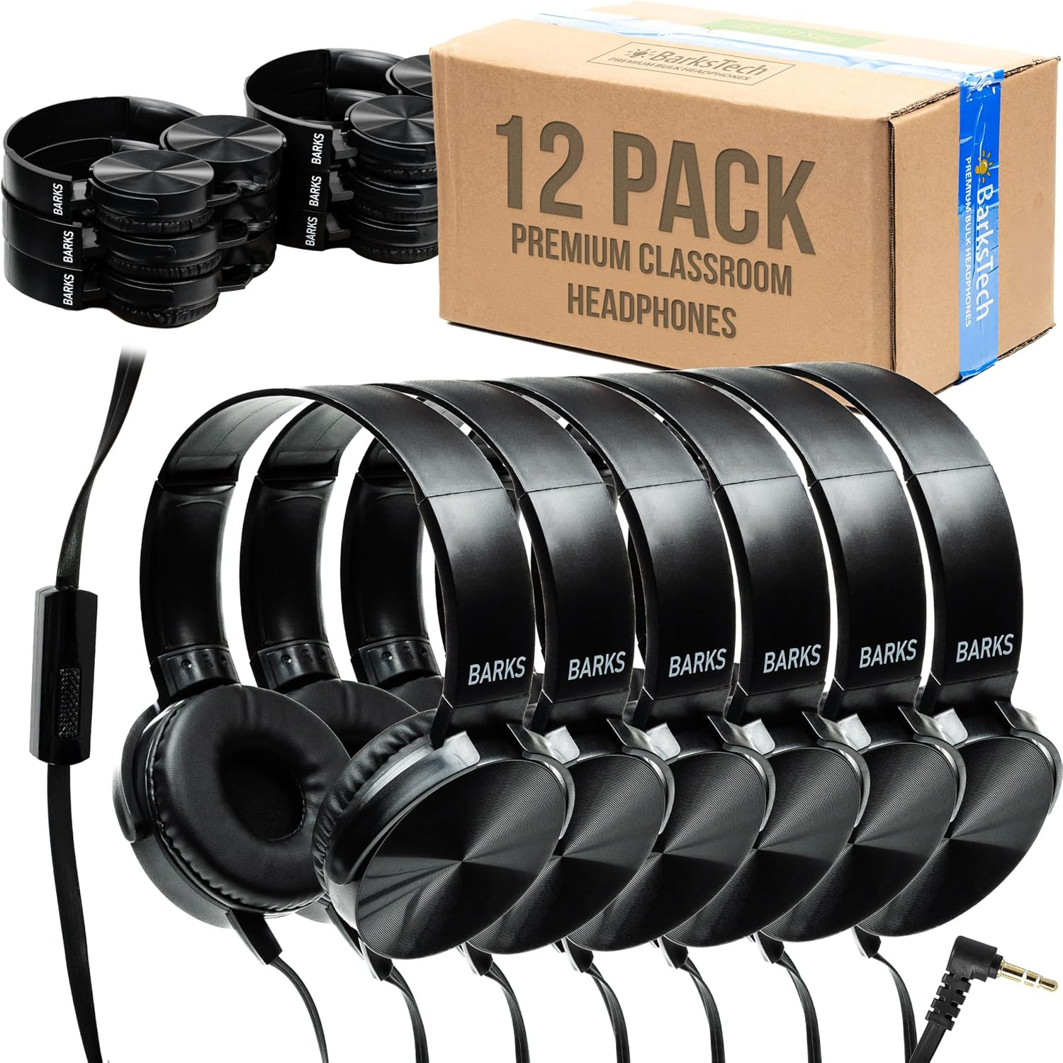 Classroom Headphones with Microphone (Black, 12 Pack) – Wired 3.5Mm On-Ear Bulk