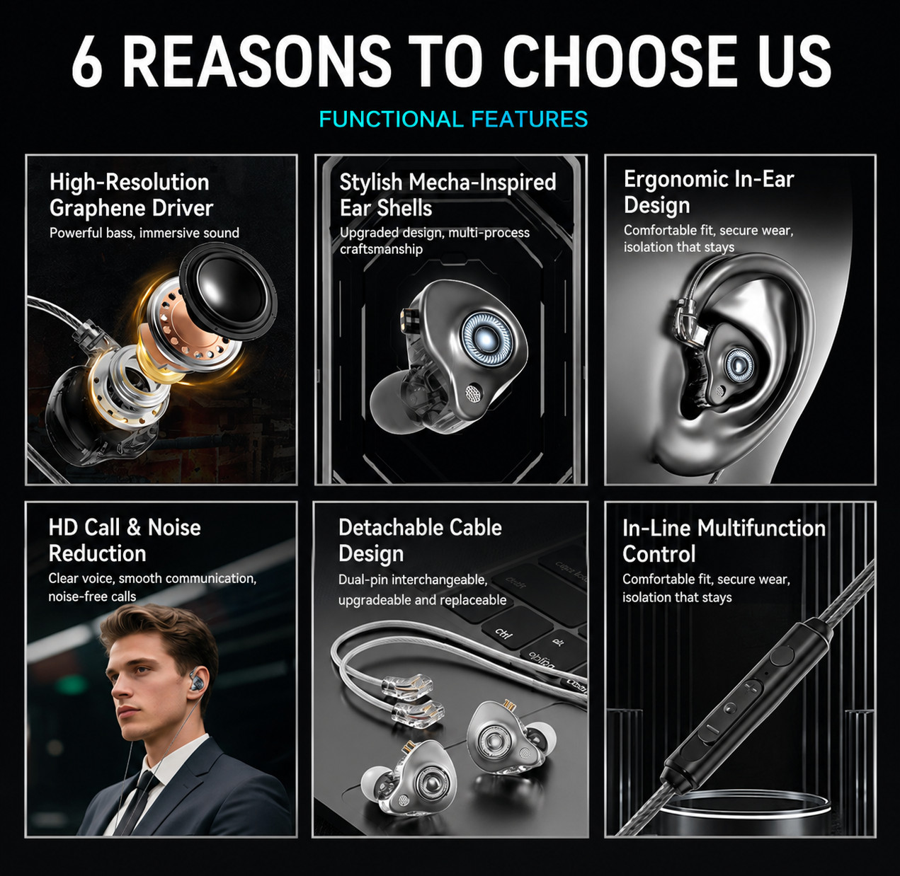 HiFi Detachable Wired IEM Earbuds w/Mic Stereo Noise Isolating USB-C 3.5mm AUX