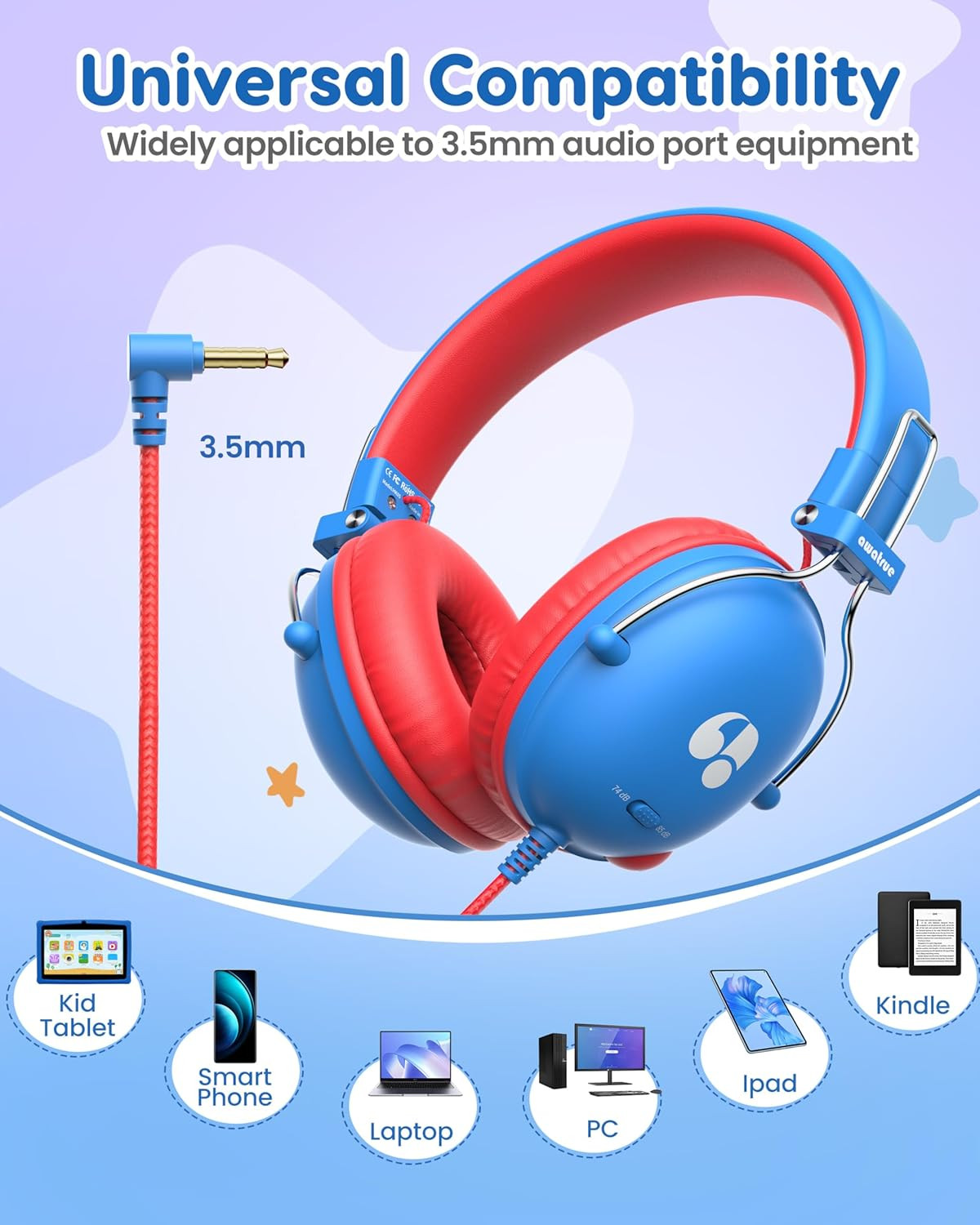 Auriculares Ninos Limite Volumen Seguro 74dB Estereo Cable Azul On Ear Escolar