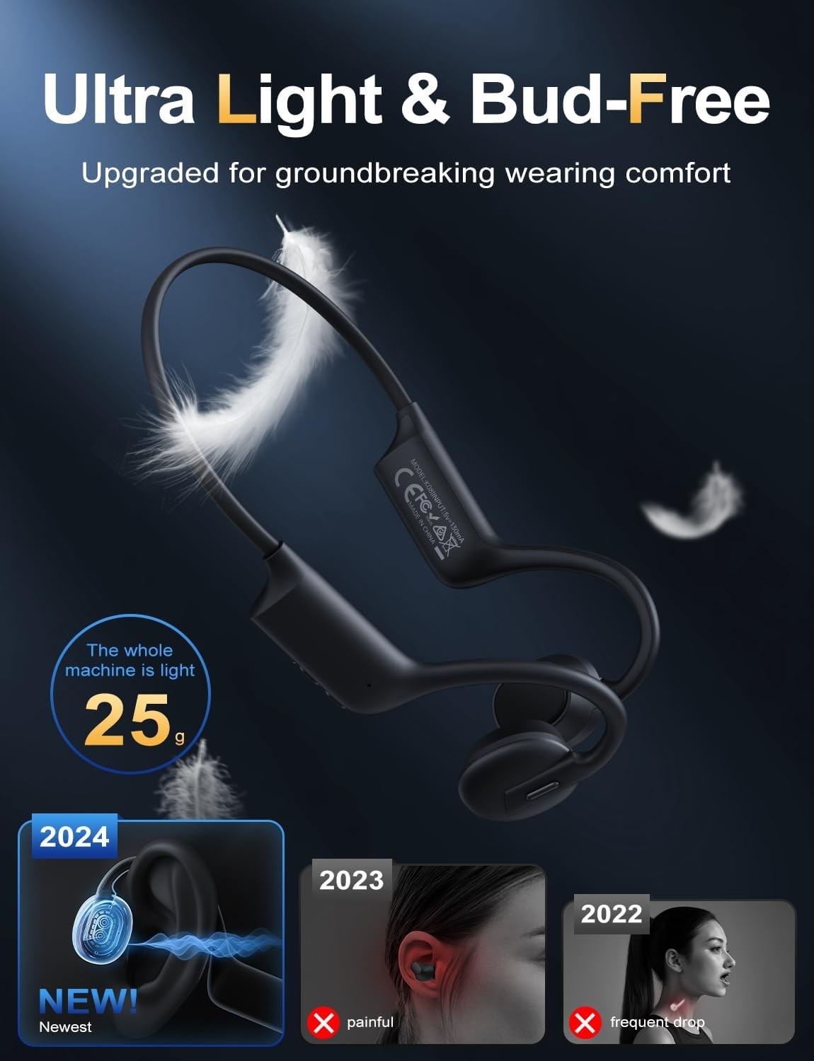 Bone Conduction Headphones: Lightweight Open Ear Design, Waterproof for Activ…