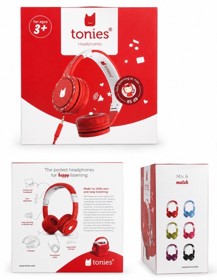New tonies Fold-and-Go On-Ear Wired Kids Headphones Red/White 3.5mm Foldable