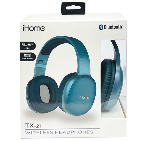 iHome TX‑21 Wireless Bluetooth Headphones Blue Adjustable Headband Built‑In Mic