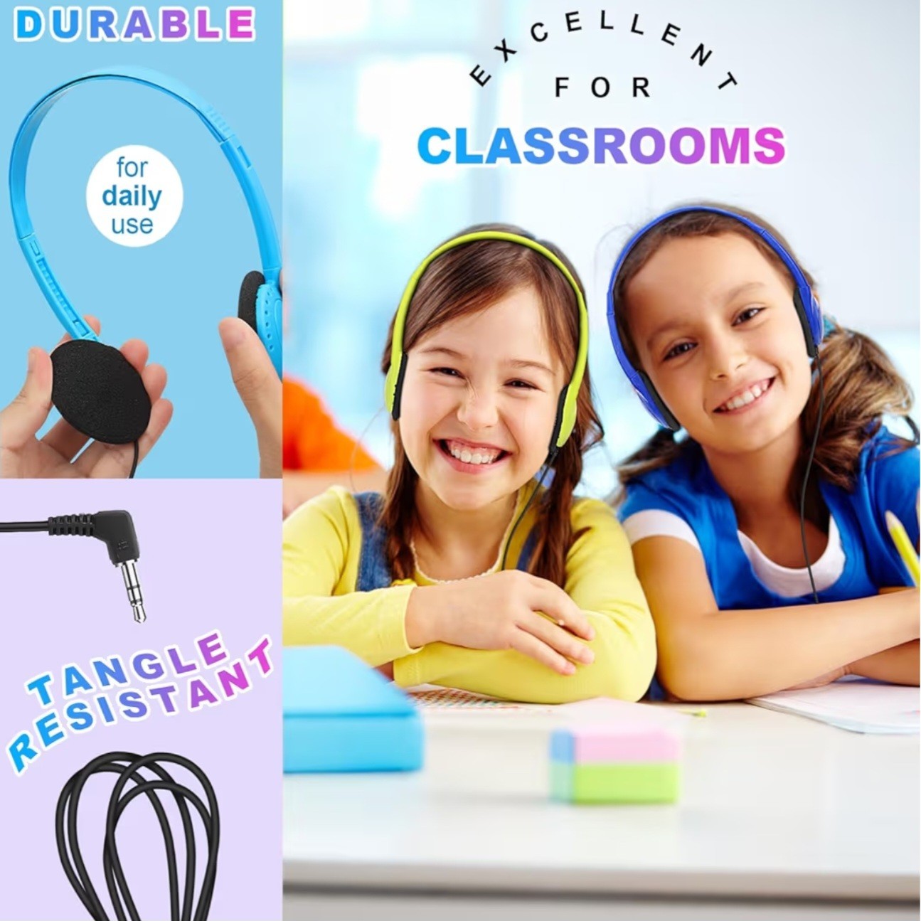 WENSDO Bulk Headphones Packs Of 10 Multi Color for School Classrom K-12