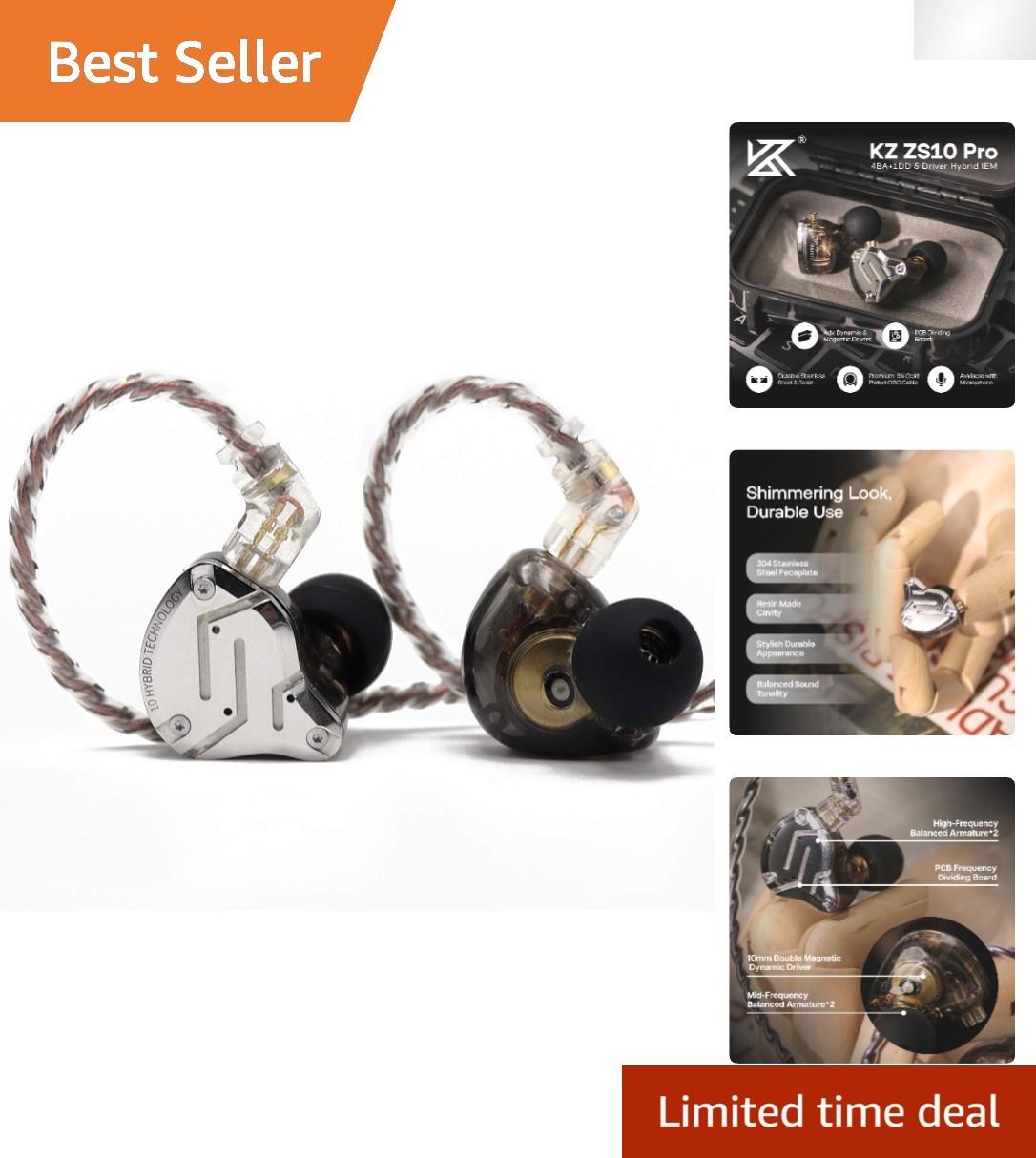 KZ ZS10 Pro Hybrid IEM – 4BA+1DD HiFi Wired Earbuds, Ergonomic Sound Isolation