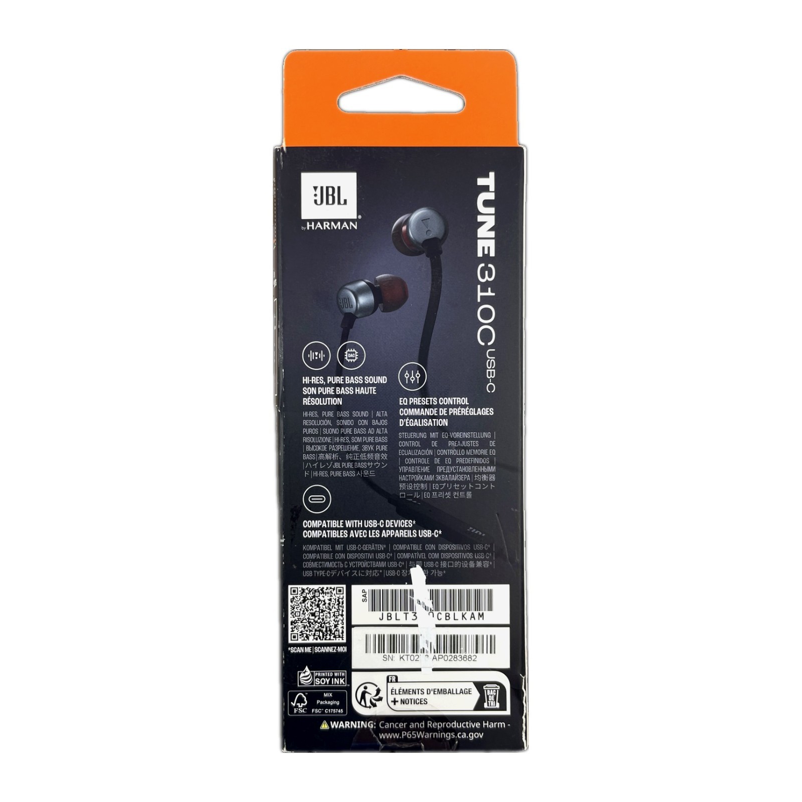 JBL Tune 310C In-Ear Headphones Hi-Res Audio USB-C Mic Black