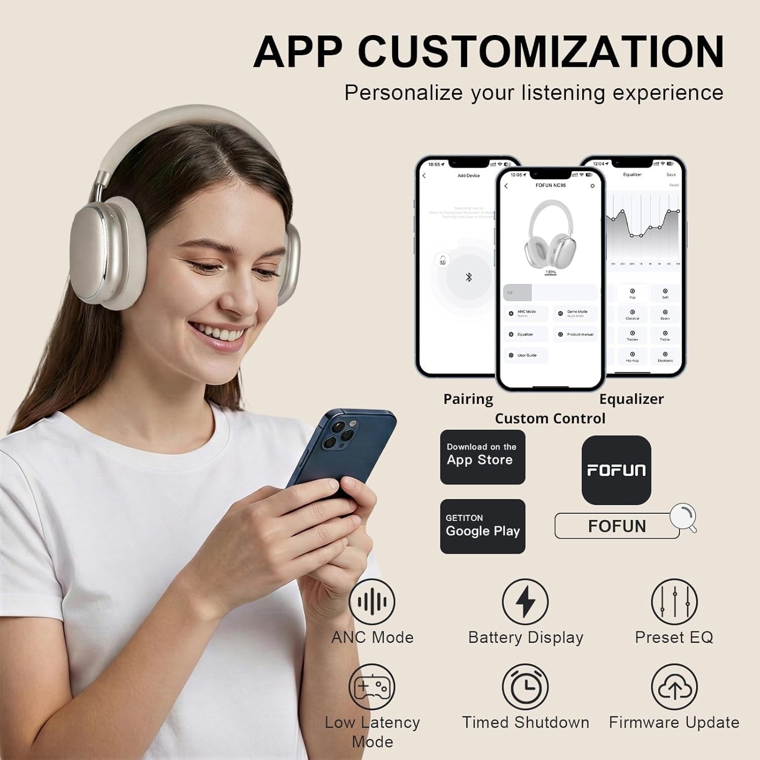 NC95 Hybrid Active Noise Cancelling Headphones with Knob Control, 120H Playti…