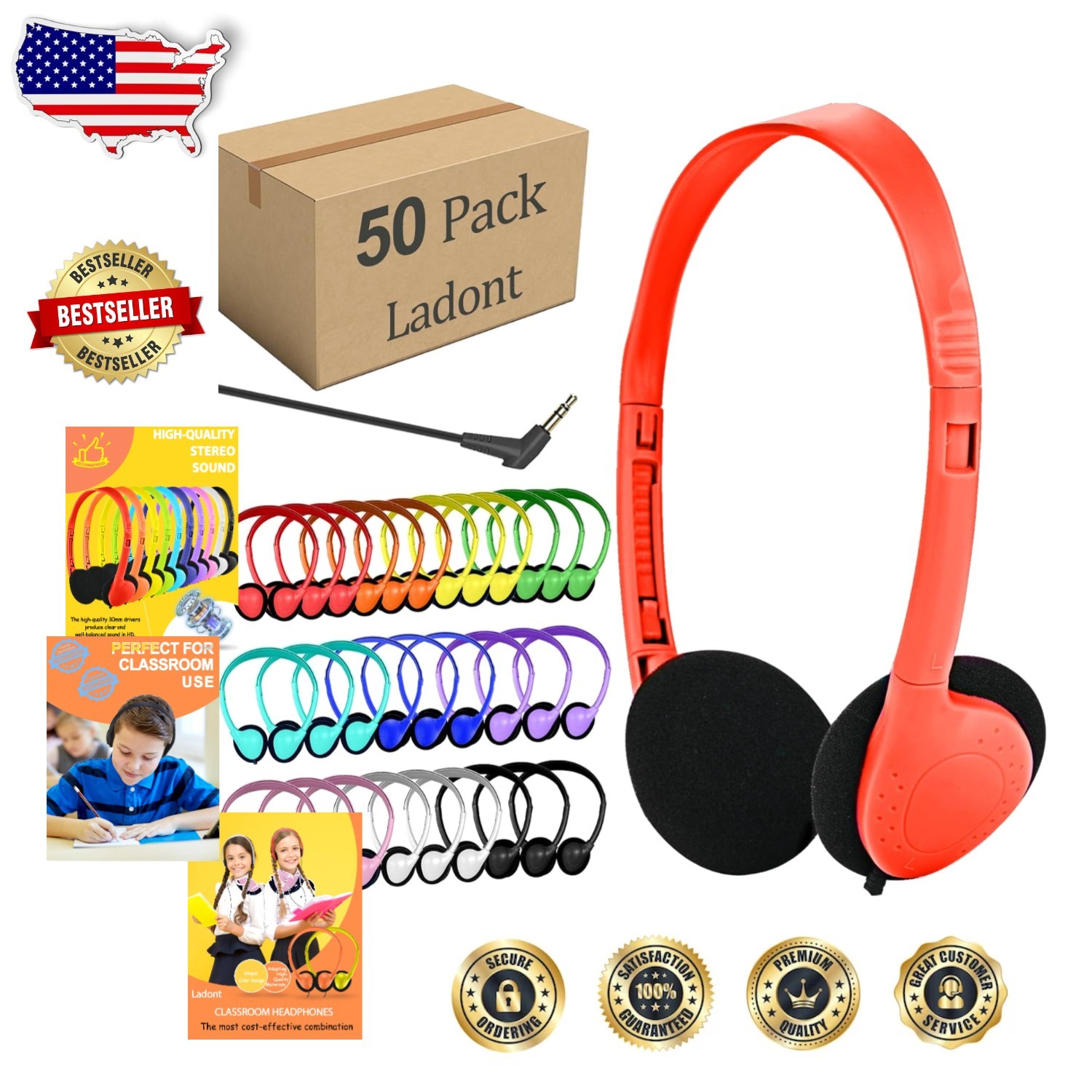 Durable Bulk Classroom Headphones – 50 Pack, Multi-Color, 1.2m Cord, 3.5mm Jack