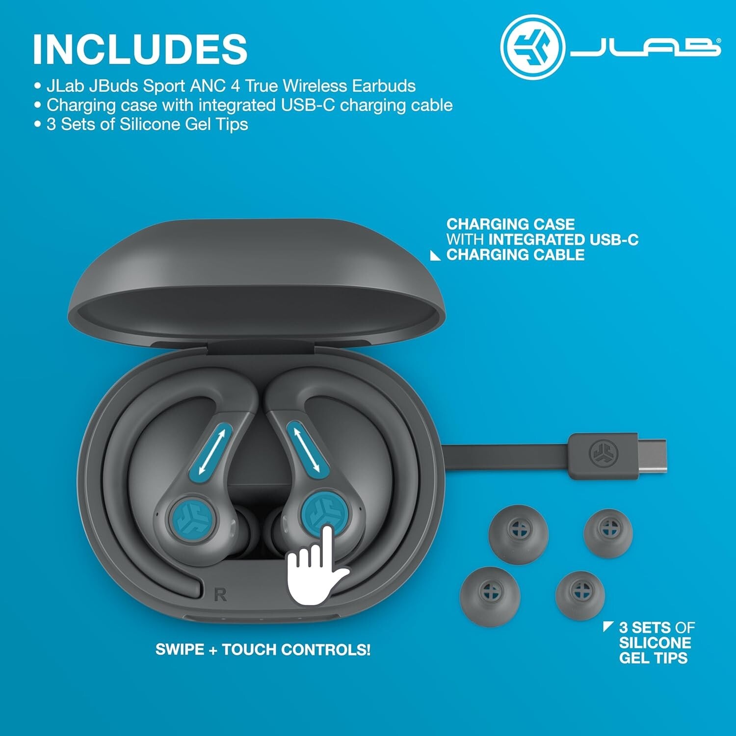 JLab JBuds Sport ANC 4 Bluetooth Earbuds, Sporthook, Fitness & Gym – Cobalt NIB