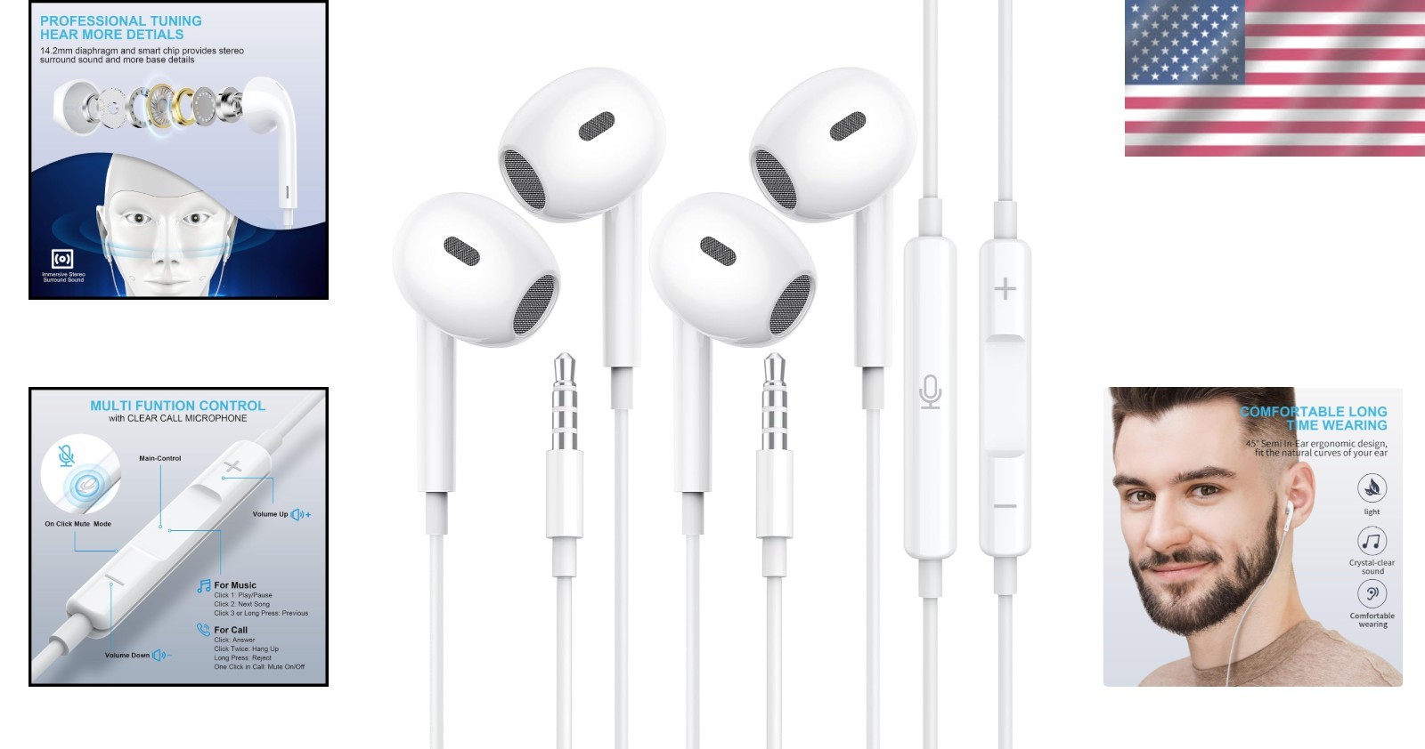 HiFi Wired Earbuds with Microphone & In-Line Control for Clear Calls (2-Pack)