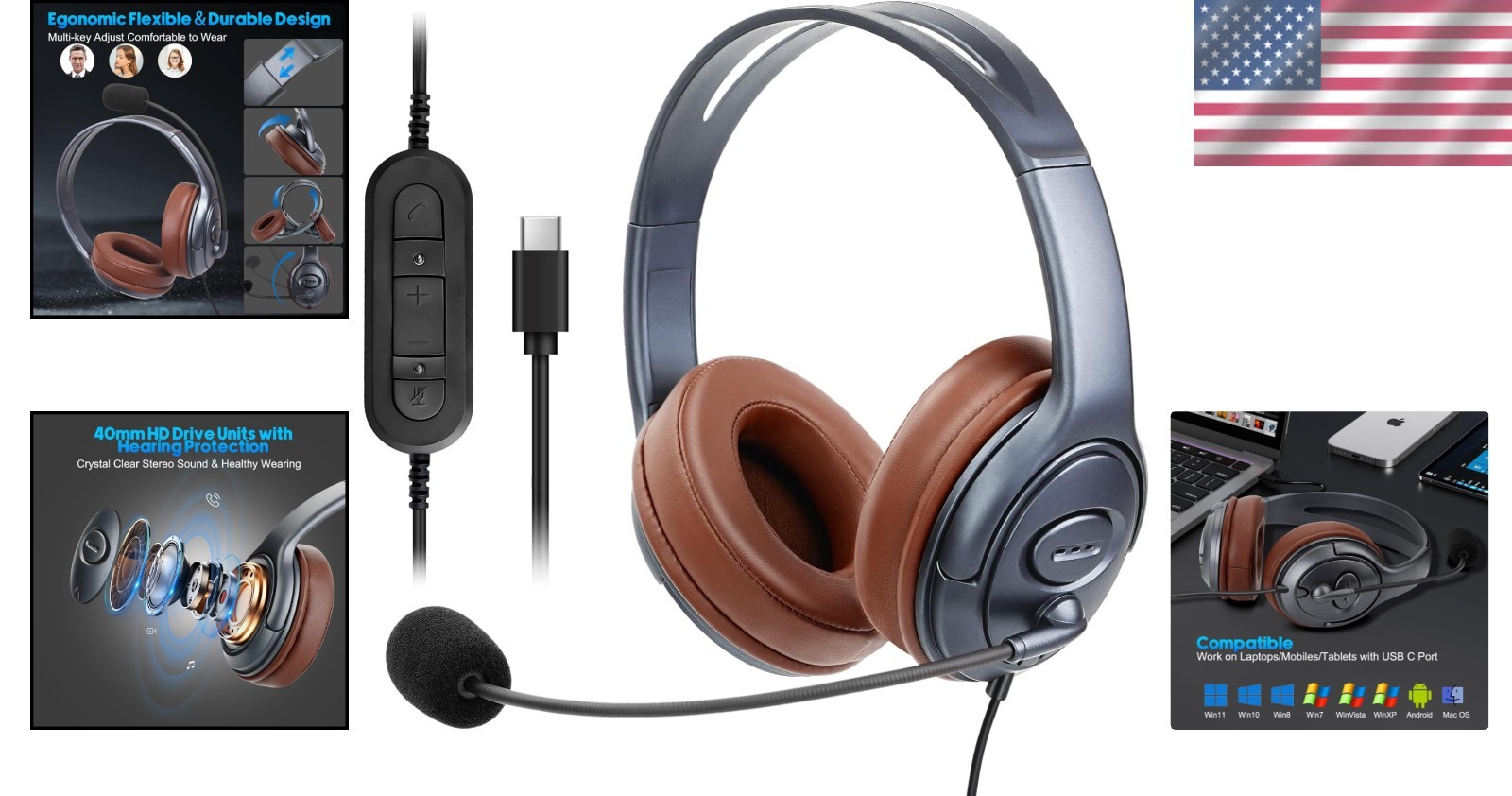 In-Line Control USB-C Headphones for Calls & Dictation