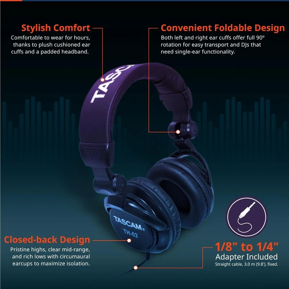TH-02 Professional Studio Monitor Headphones, Wired, over Ear 1/4 Inch Adapter