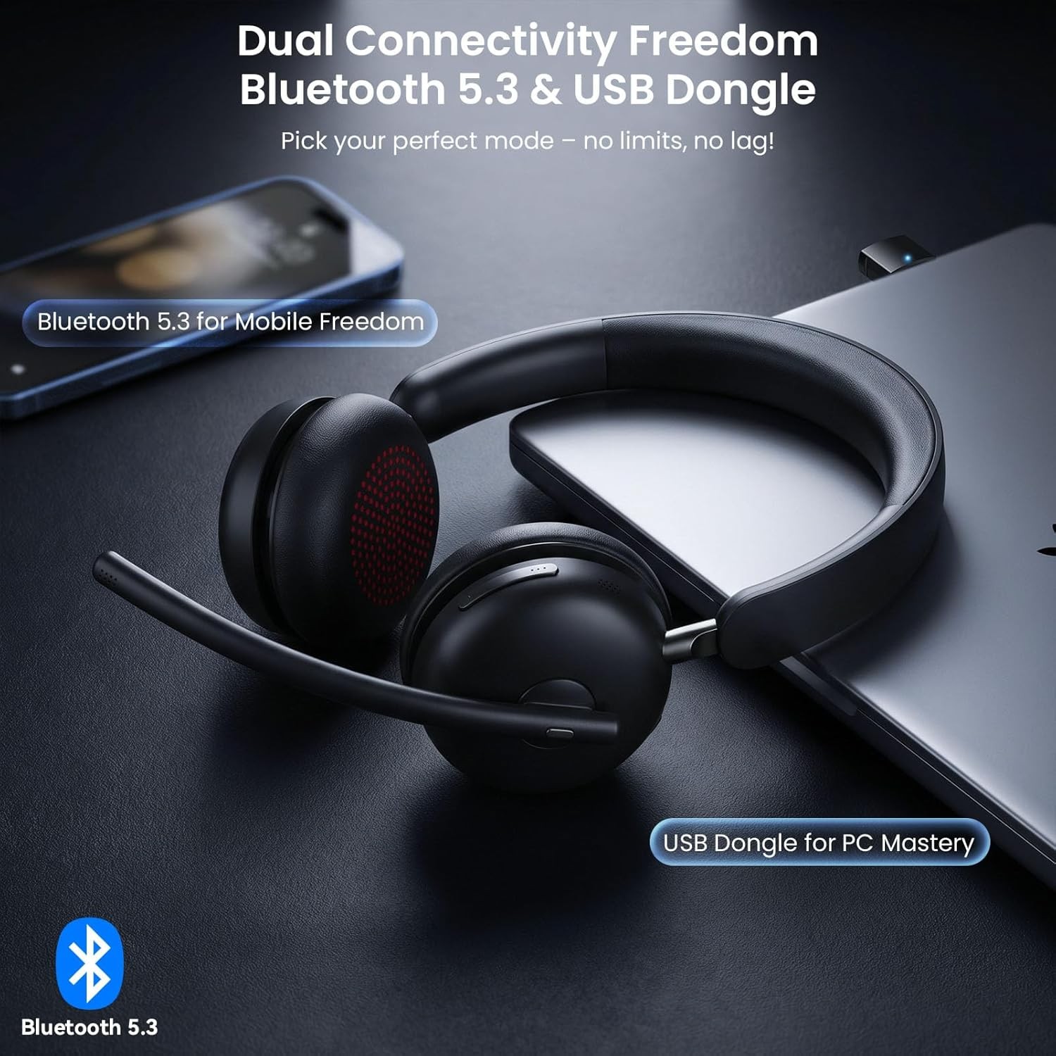 Waxop Wireless Headset Mic USB Dongle Bluetooth 5.3 AI Noise Cancel 65H