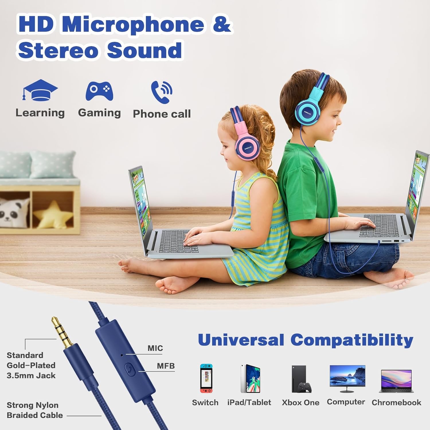 SIMOLIO Kids Headphones for School Travel, Bright Mint