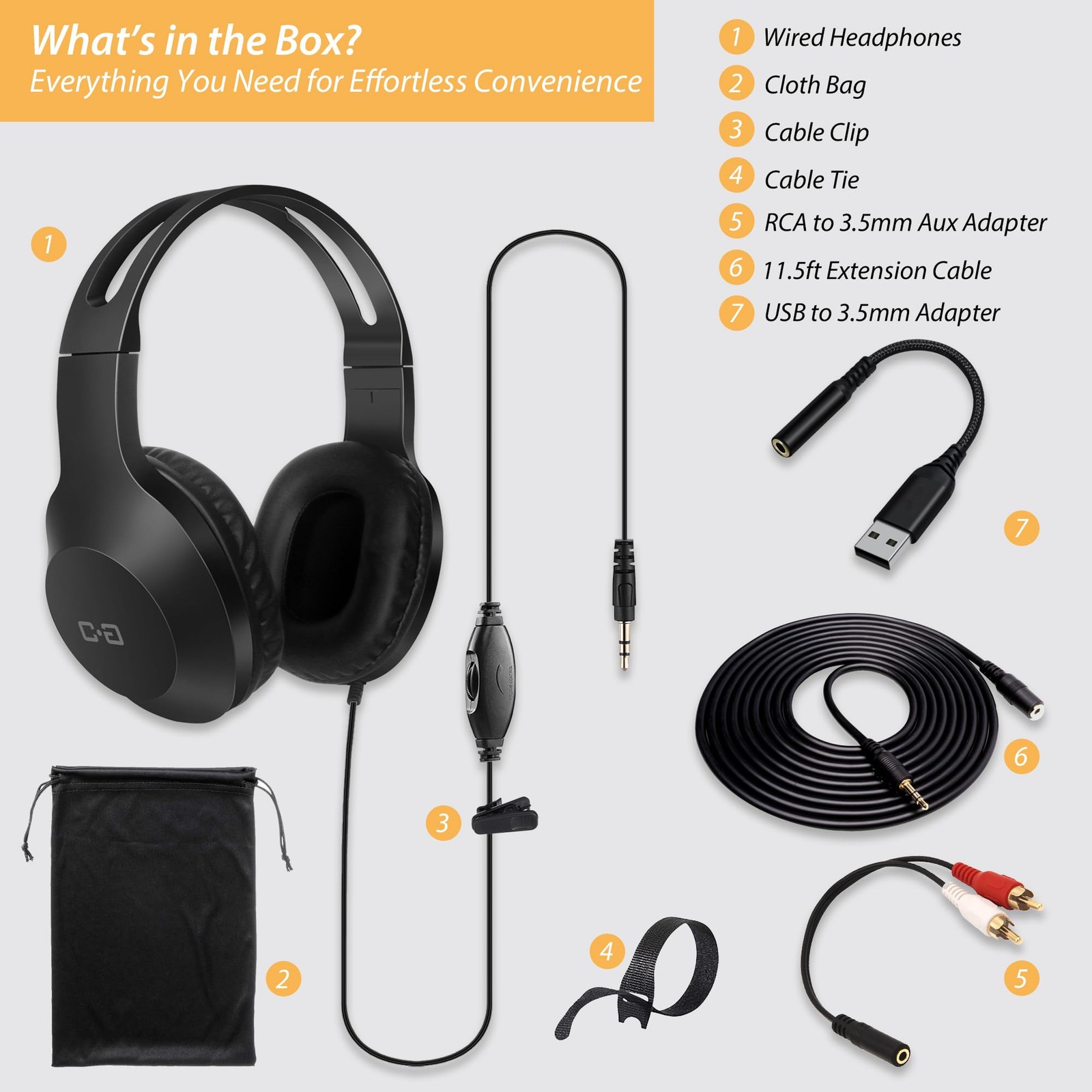 20Ft Extra Long Cord Headphones for TV with 3.5mm AUX, RCA & USB Connection