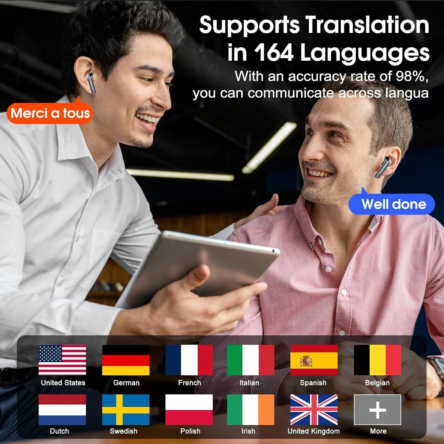 Real-Time AI Translation Earbuds, 3-in-1 Bluetooth 5.3, 164 Languages, 40H Batte
