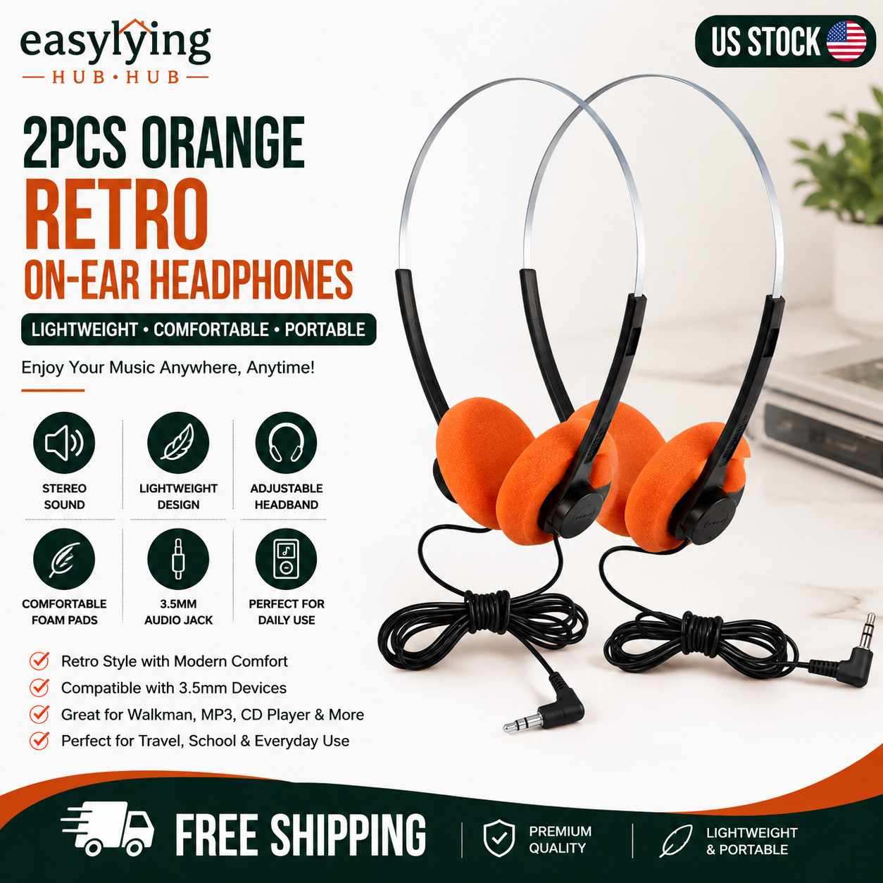 2Pcs Orange Retro On-Ear Headphones,Wired Stereo Headphones, Walkman Headphone