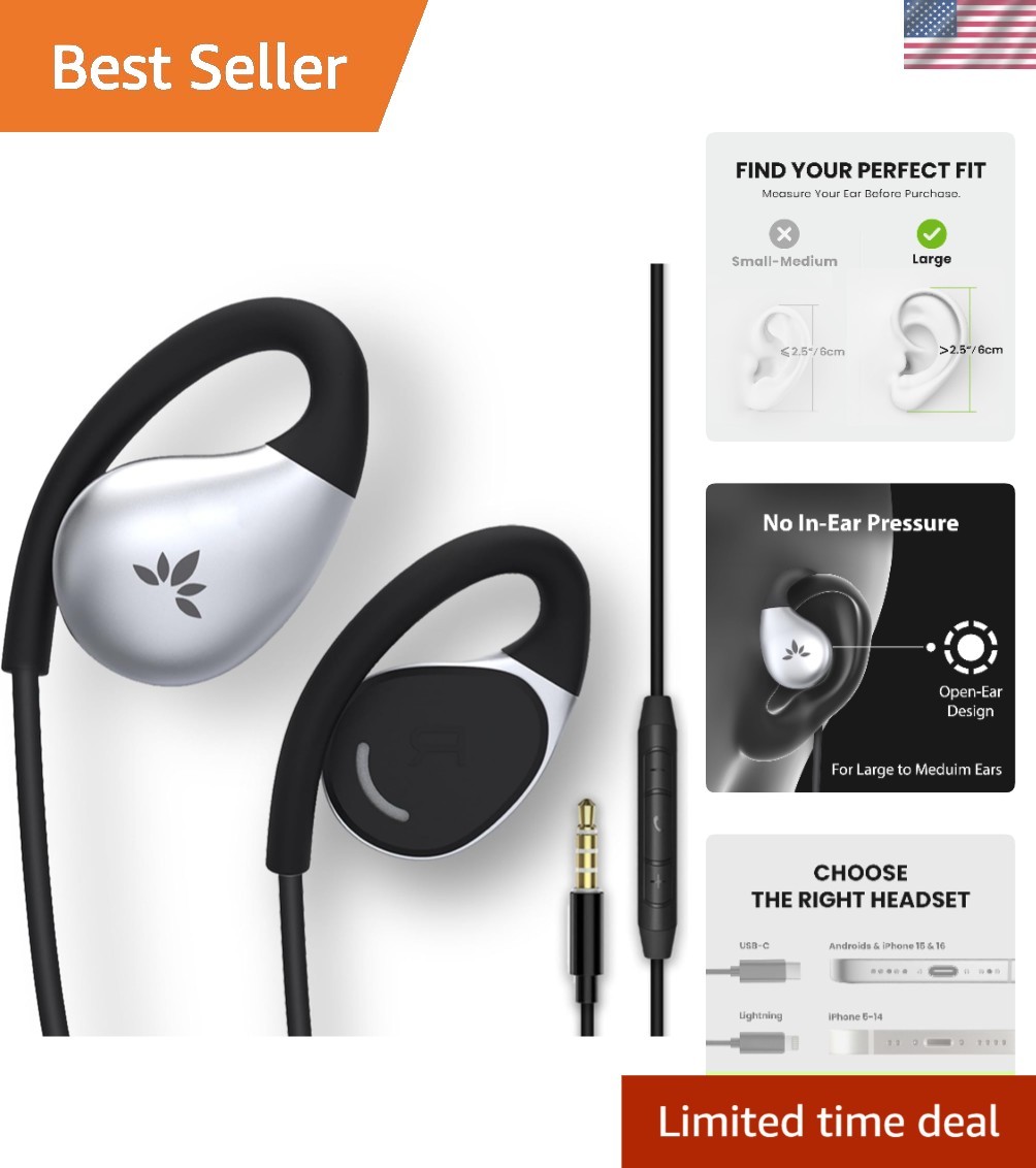 Resolve –3.5mm AUX Wired Open-Ear Earbuds w/Mic & Over-Ear Hook | Large Size,…