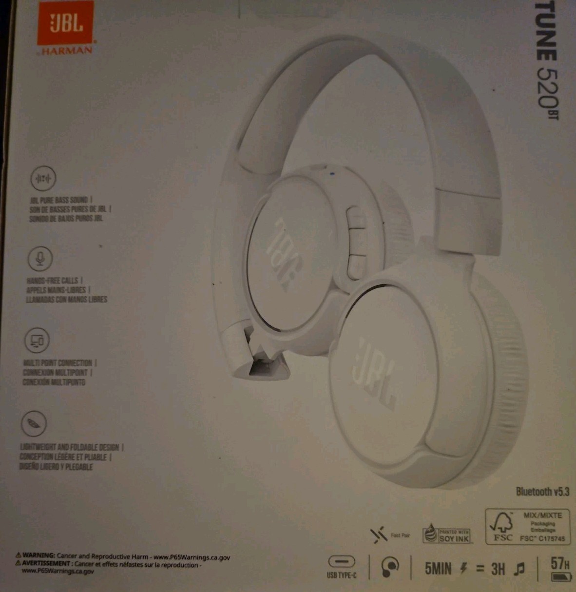 JBL Tune 520BT Pure Bass Wireless Bluetooth Headphones (White)