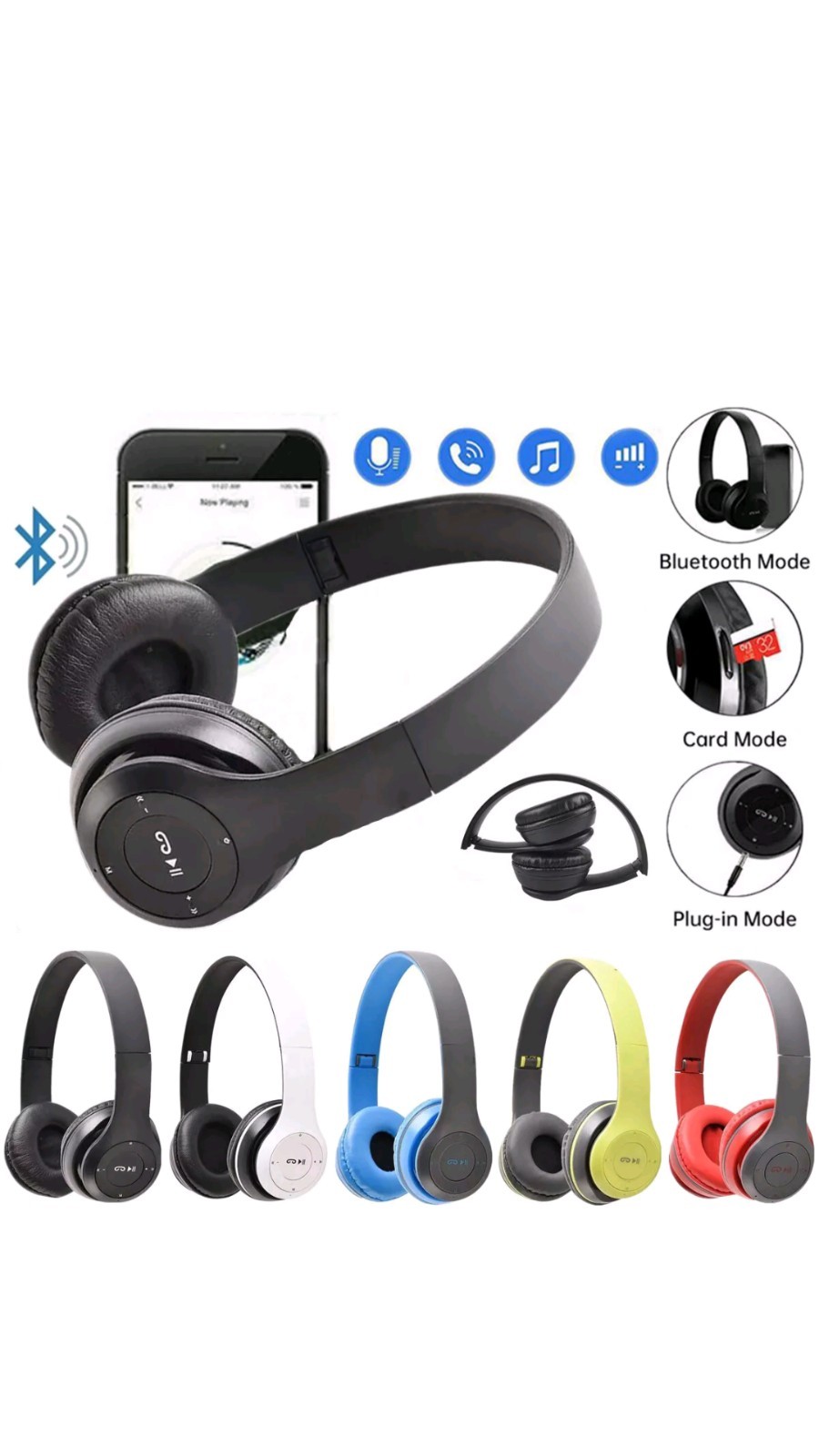 P47 Wireless Bluetooth Headphones Foldable Built-In Mic Multi-Color