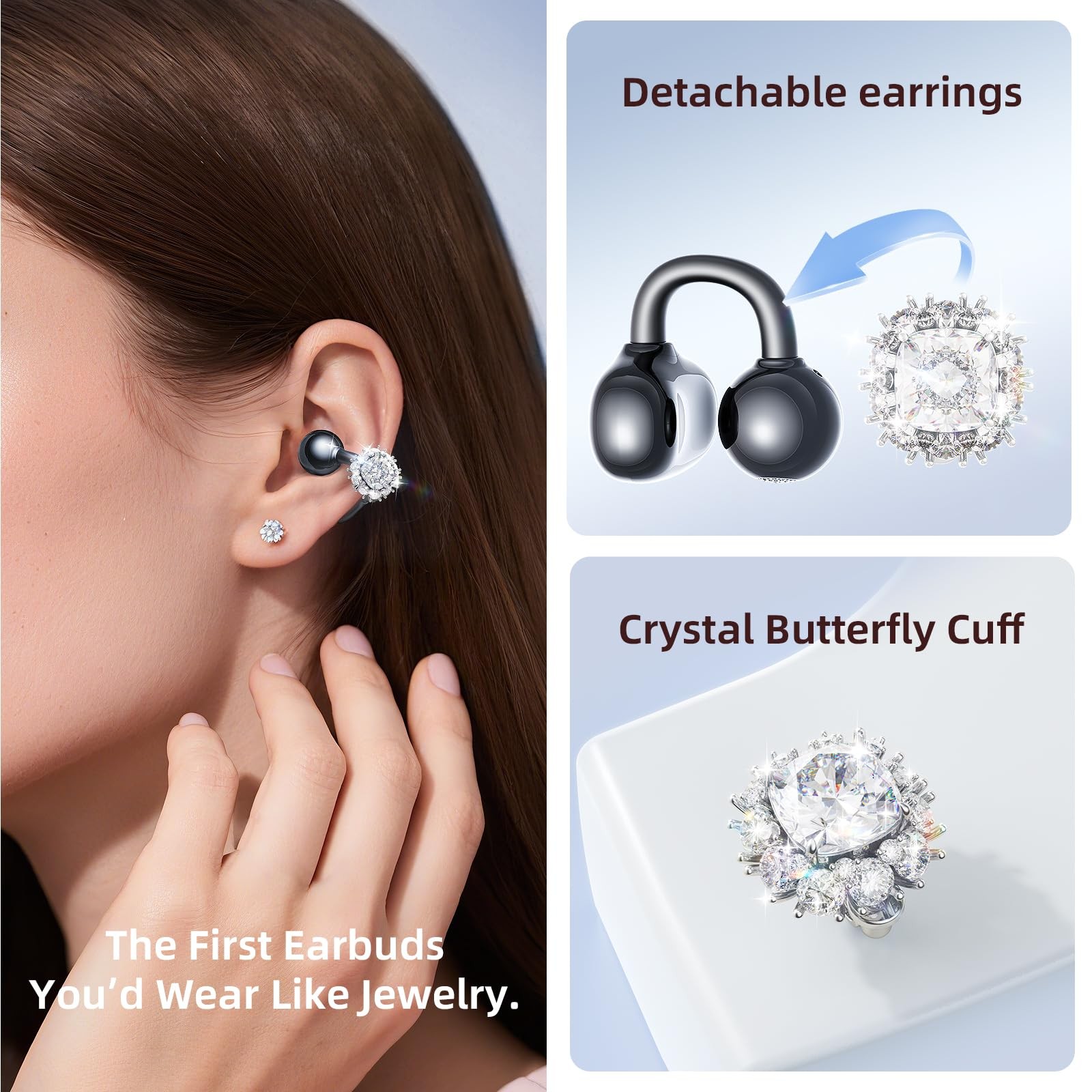 Jewelry-Inspired Clip-On Earbuds with Diamond Earrings, Comfortable Fit & 40H…