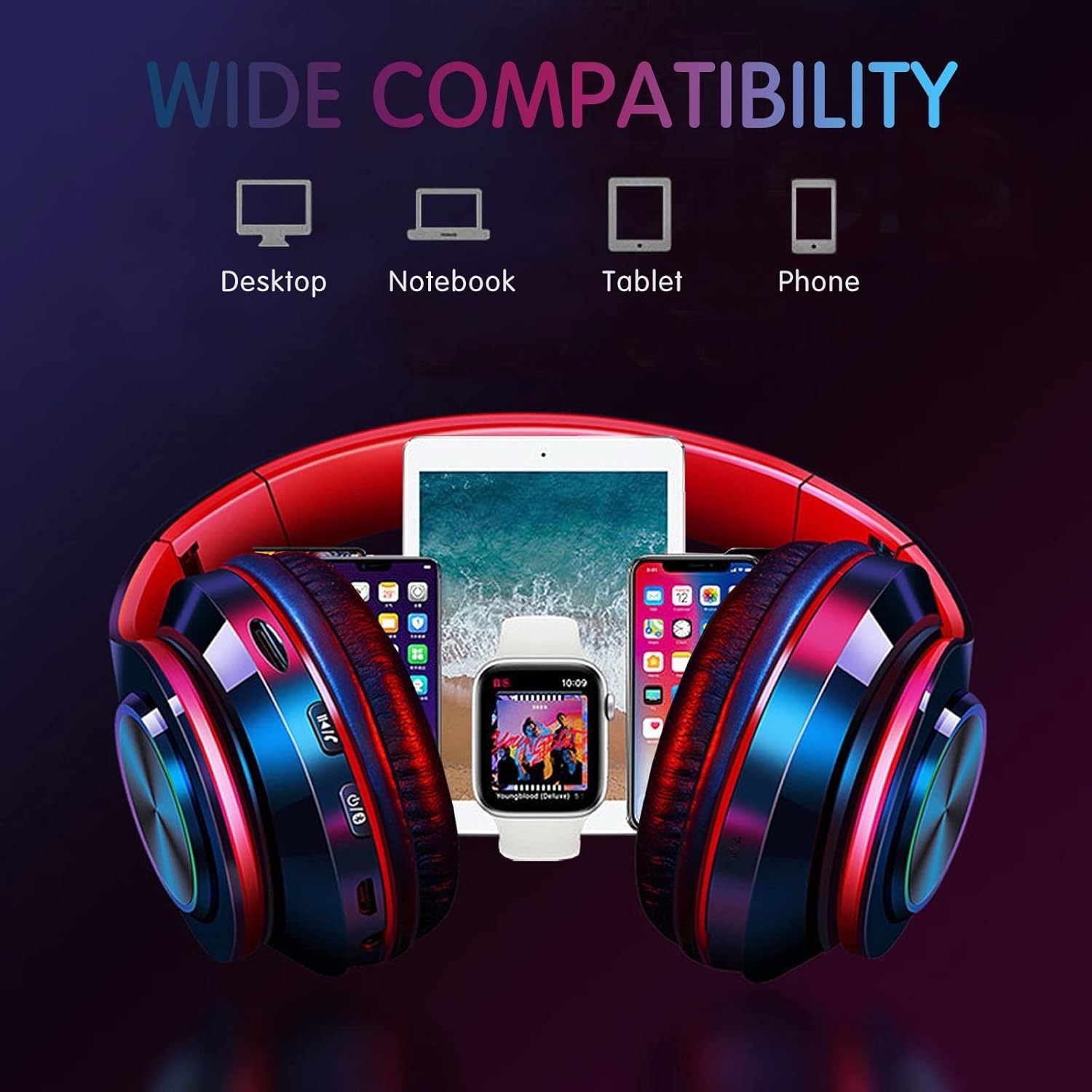 B39 Wireless Bluetooth Headphones, Foldable, LED Lights, TF Card, AUX, USB