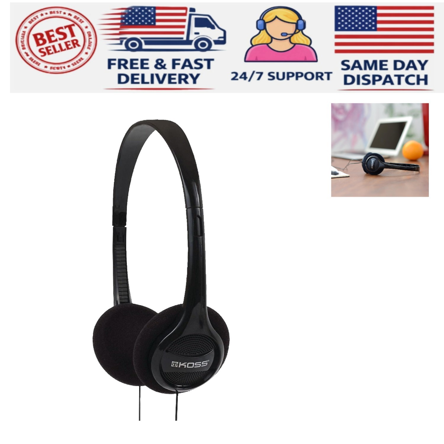 Travel-Friendly On-Ear Headphones with Retractable Cable – Kids & Adults, Black