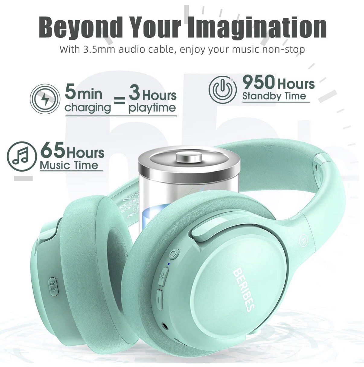 BERIBES 65H Wireless Over-Ear Headphones Mint Green 65 Hours Built-in Mic