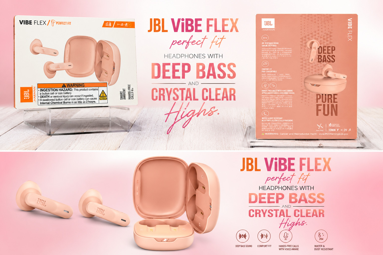 JBL Vibe Flex True Wireless Earbuds Bluetooth Headphones Deep Bass Beige- NEW