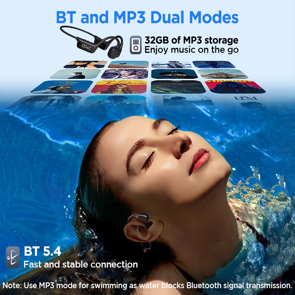 IPX8 Waterproof Bone Conduction Bluetooth Headphones 32G for Swimming & Sports