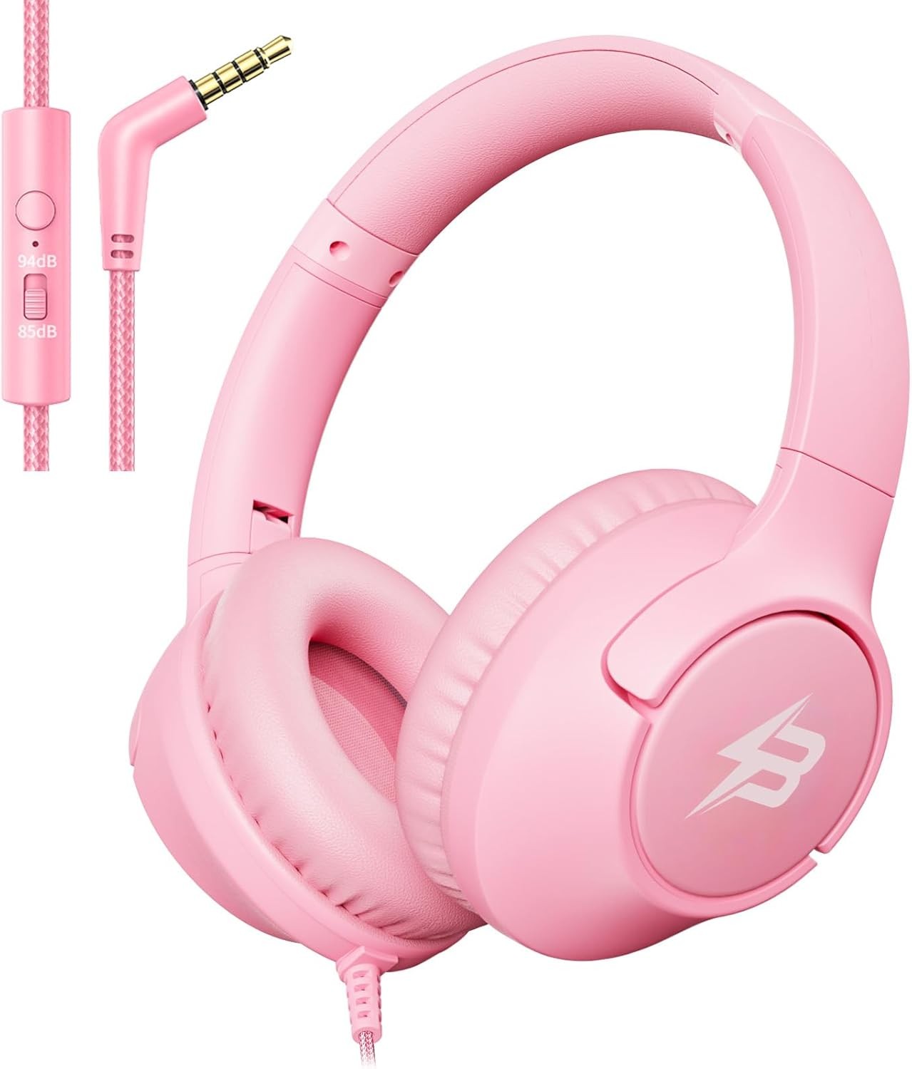 Wired Headphones for Kids for School, 3.5mm Cord Safe Volume Limit, Pink | Over