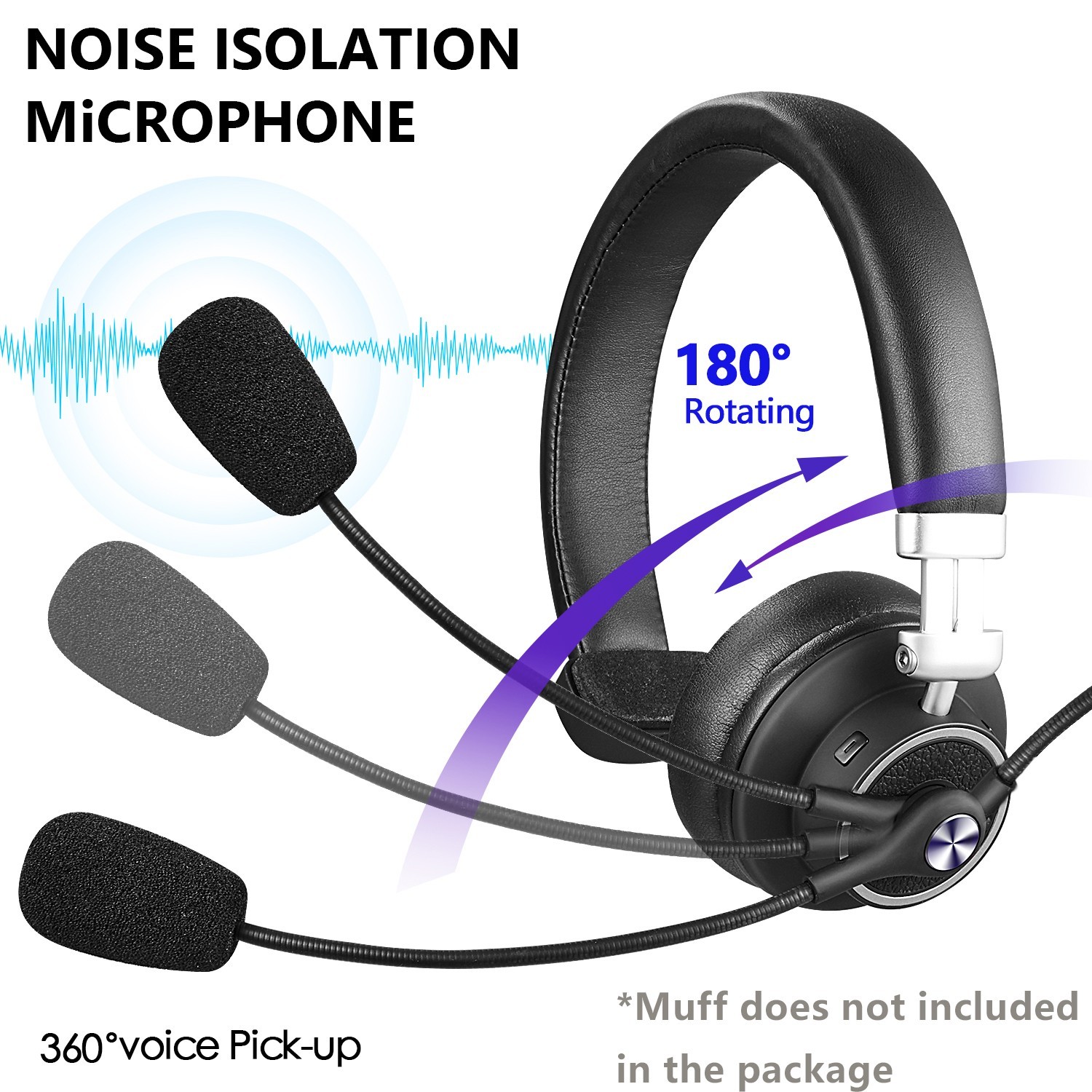 Wireless Bluetooth Headset Noise Canceling Headphones Over Head Boom with Mic