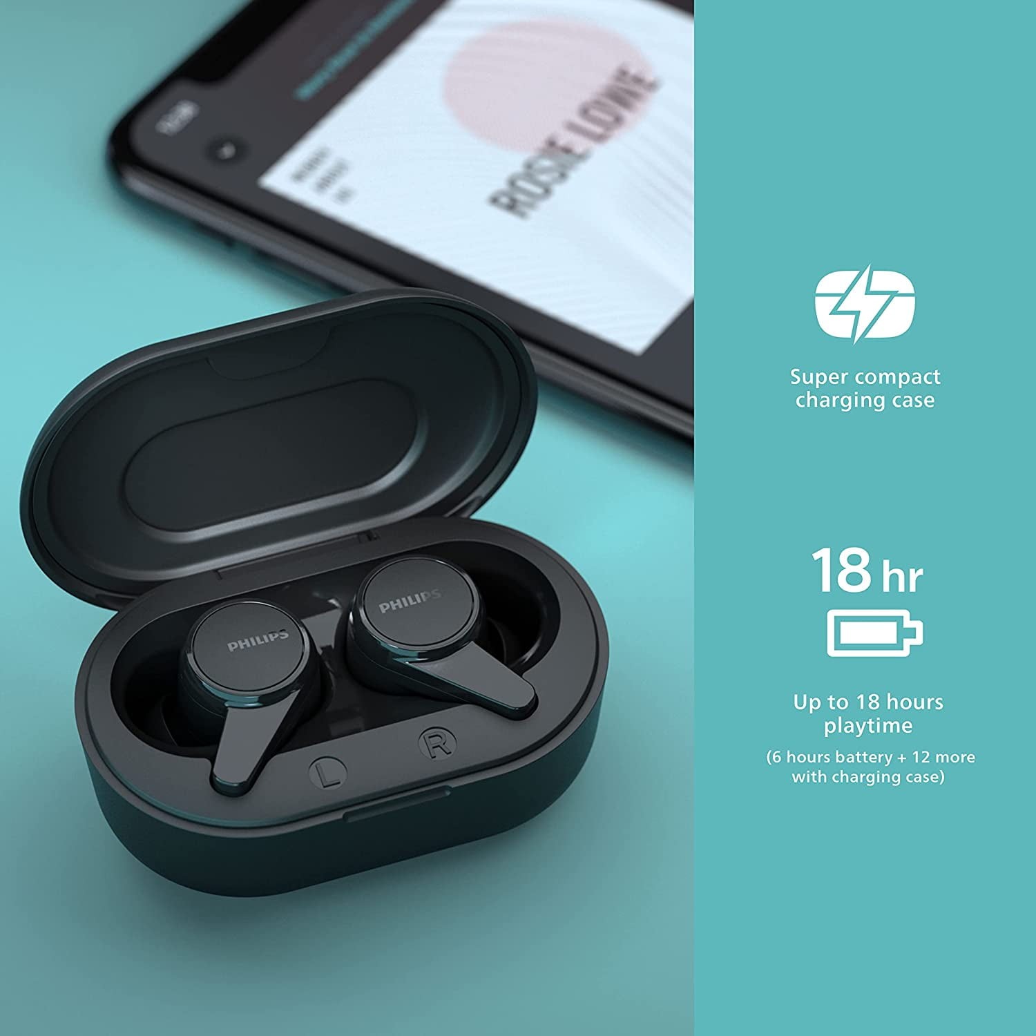PHILIPS T1207 True Wireless Headphones, 18H Playtime, IPX4 Water-Resistant, Blac