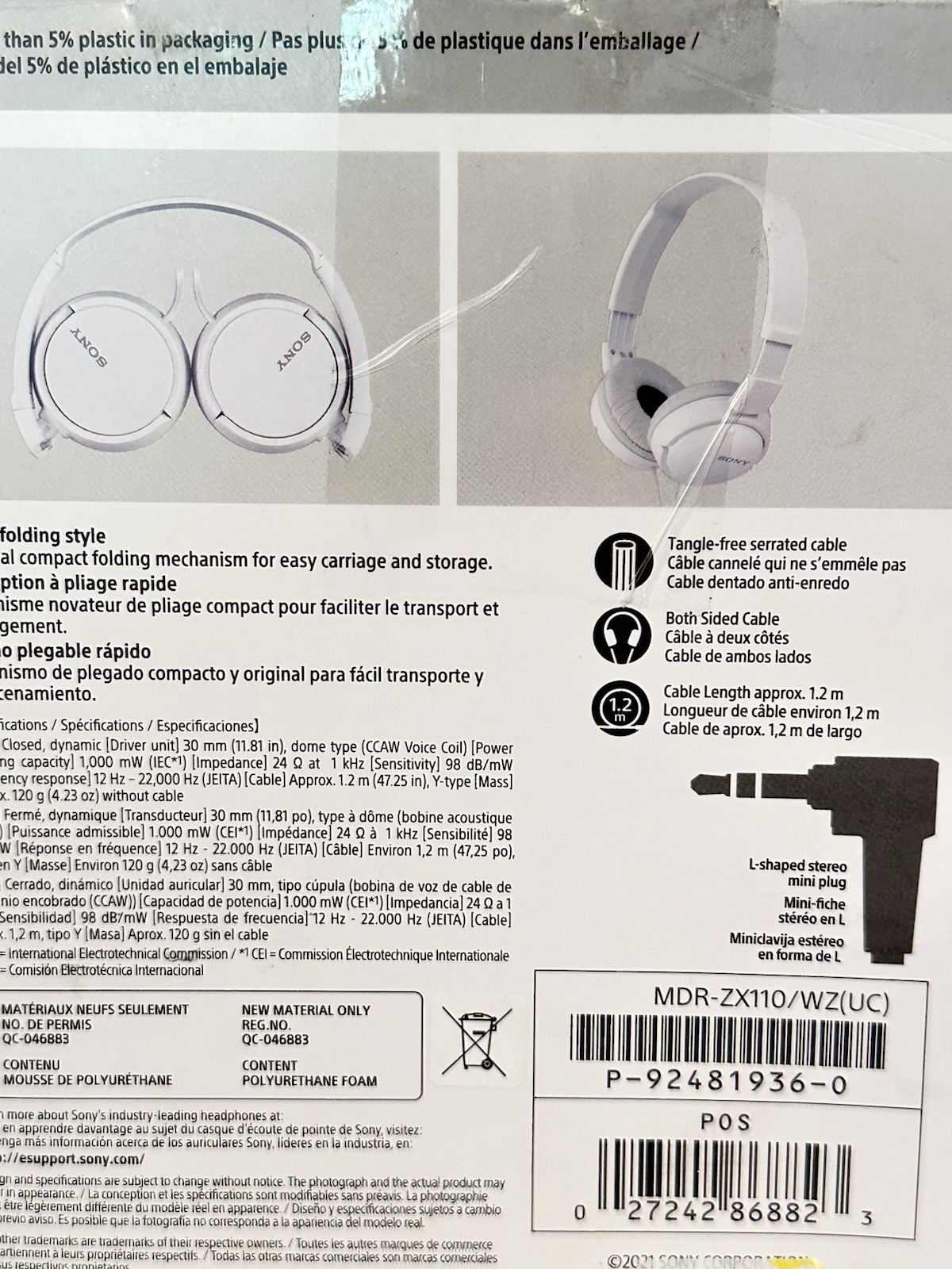 Sony MDR-ZX110 White Wired Headphones 3.5mm Jack 30mm Driver Tangle-Free