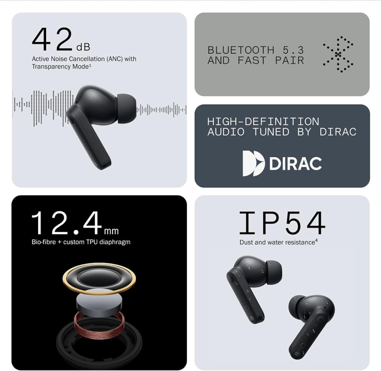 CMF Buds Wireless Earbuds, 42dB Noise Cancelling Earbuds, Dirac HD Audio, Black
