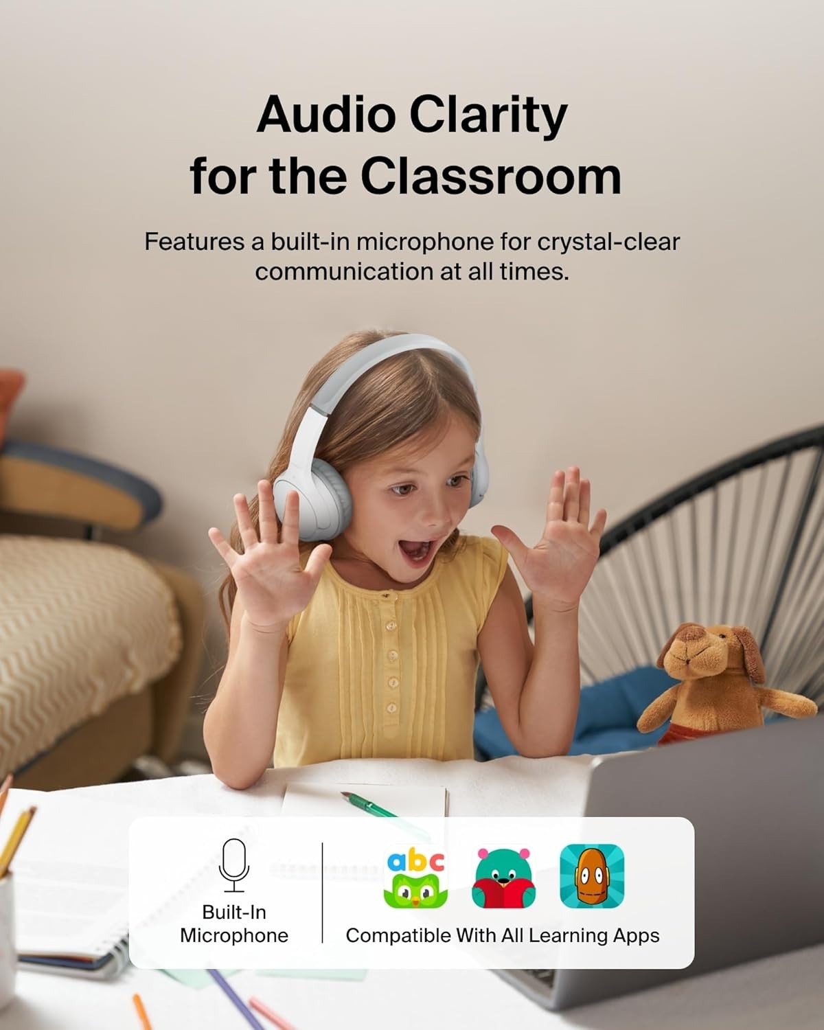 Belkin Wireless Kids Headphones, Volume Limited, 30H Fast Charge, School, White