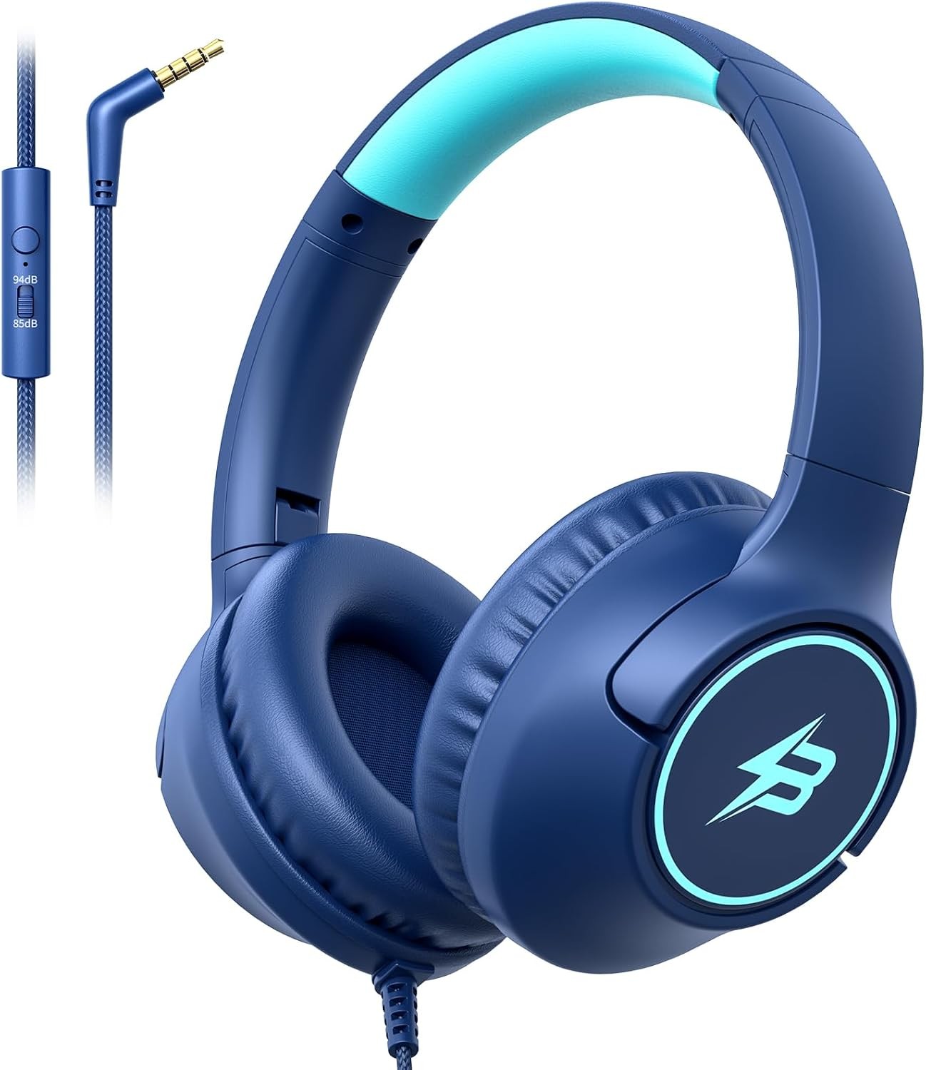 Kids Headphones Wired for School, 3.5mm Safe Volume Limited with Mic, Navy | Plu