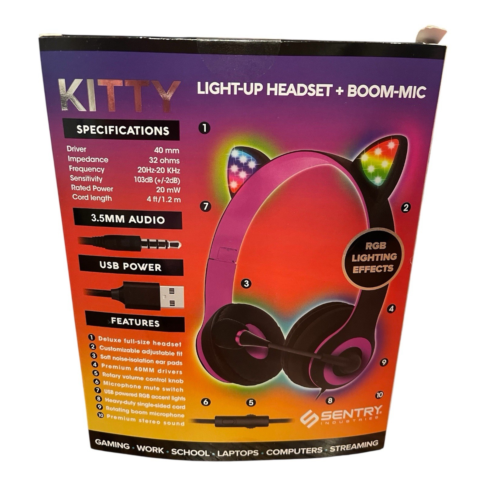 Headphones Kitty with LIGHTING EFFECTS and Boom Mic + 10 Features – New In Box