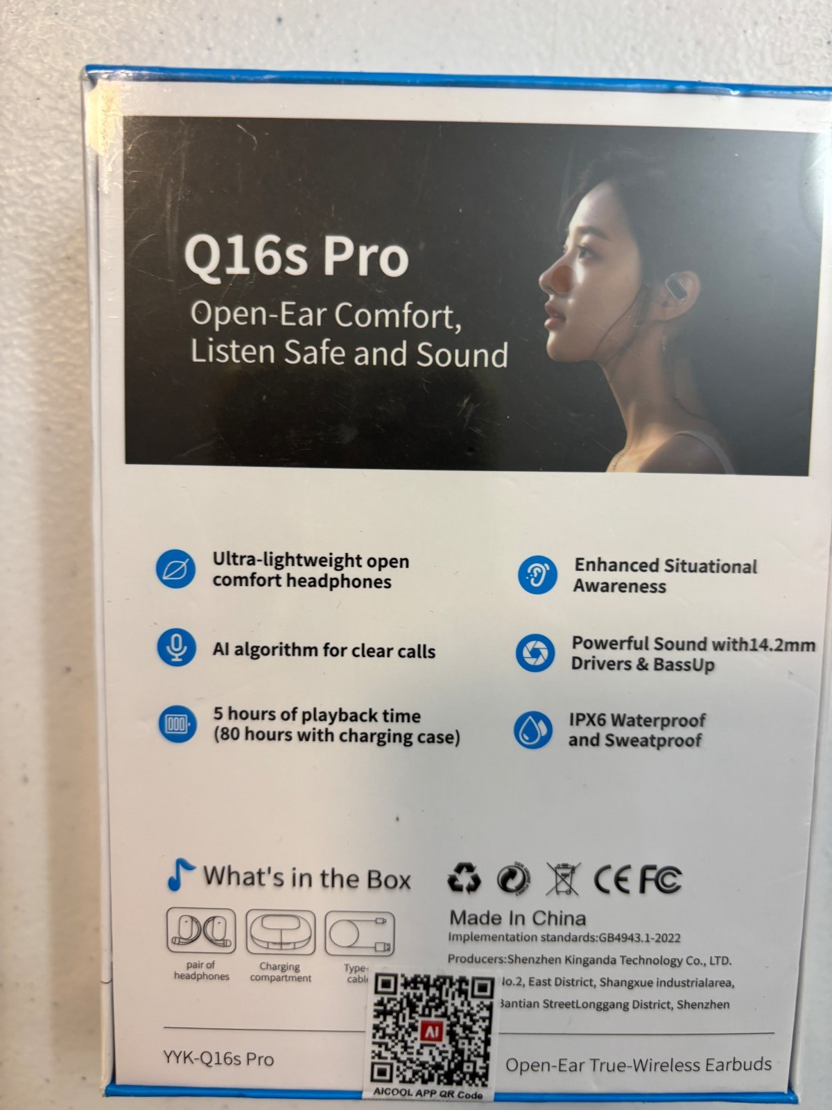 YYK Q16s Pro LCD Open-Ear Bluetooth Wireless Ear-hook Earbuds Black new