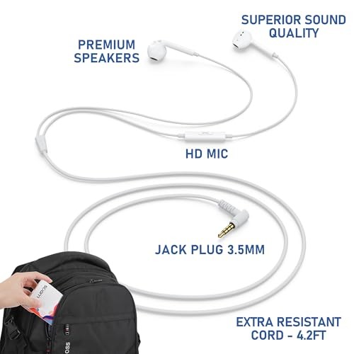 ZENITH Wired Earbuds in-Ear Headphones, 2 Years Warranty, White 3.5 mm