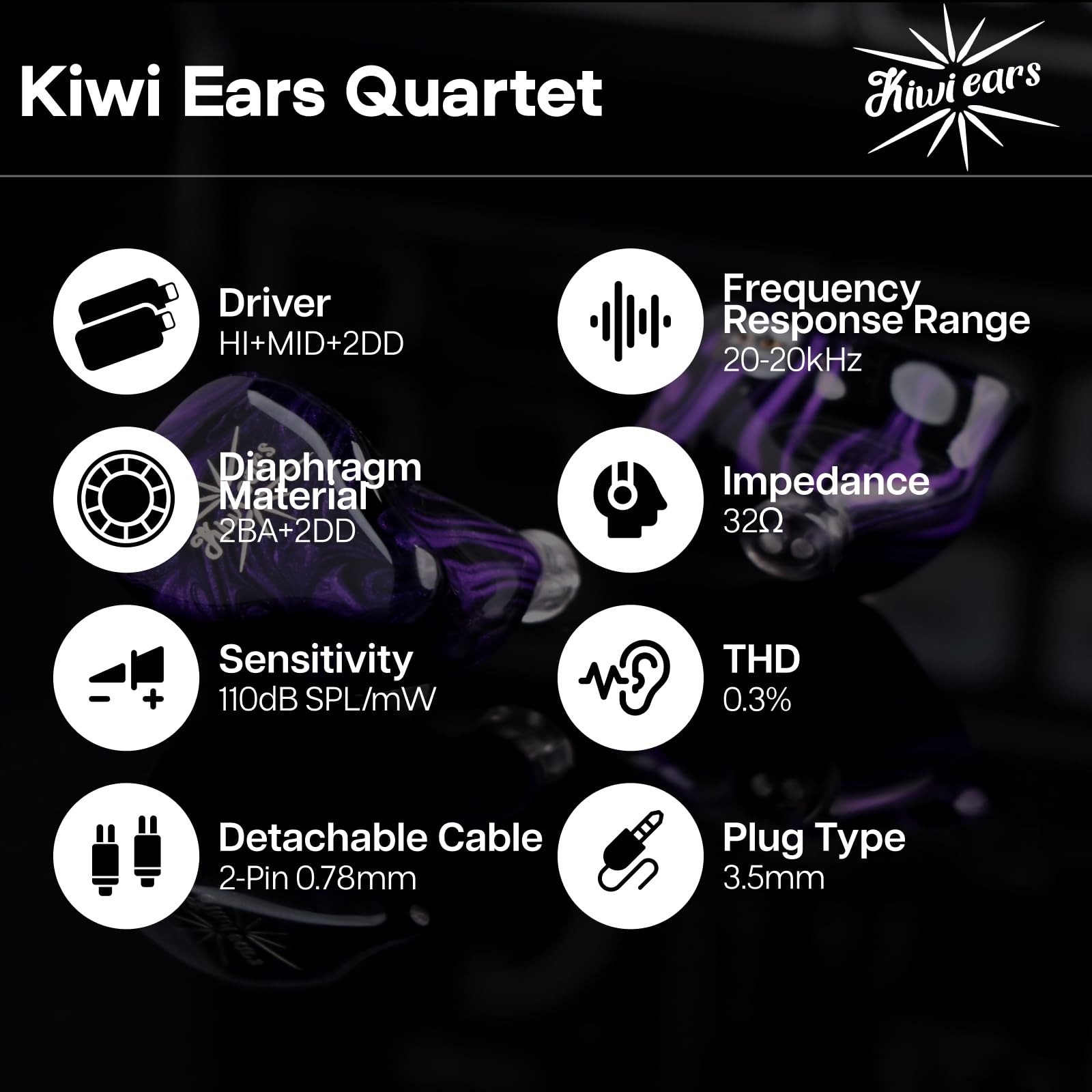 HiFi Hybrid In-Ear Monitors 2DD+2BA, Detachable Silver-Plated Cable, Audiophile