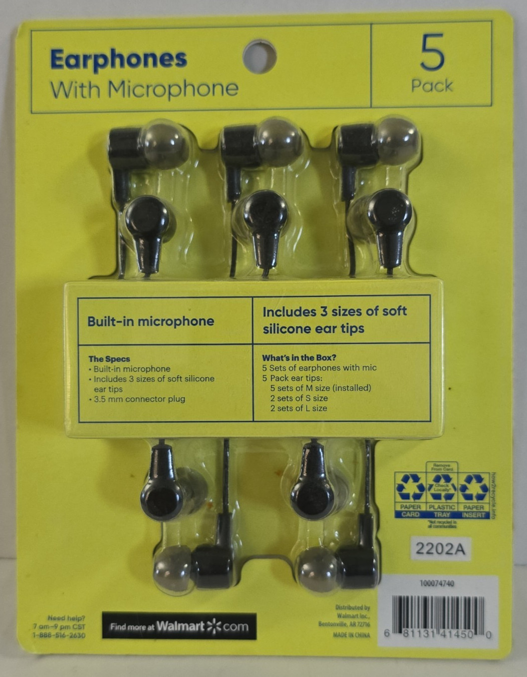 New onn 5-Pack Wired Earbuds, Black With Microphone