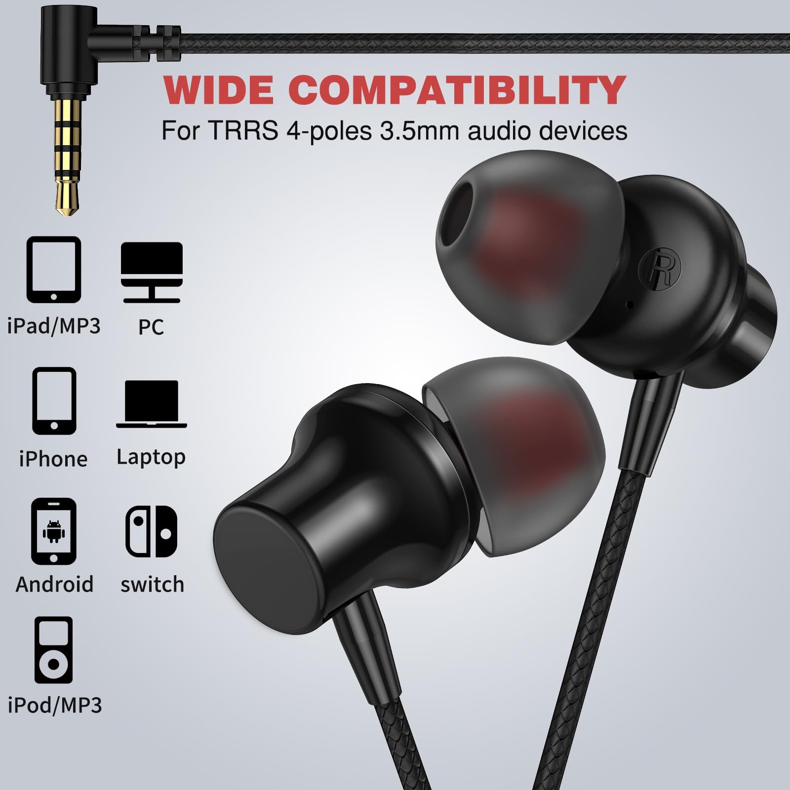 ASKUBSKU 3.5mm Headphones 5.9 ft Long Cord Wired Earbuds with Black