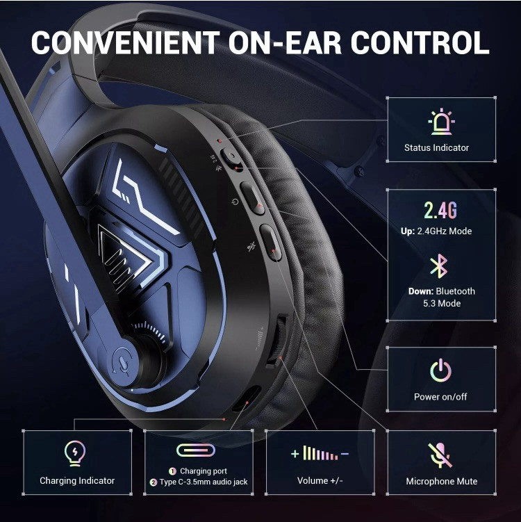 EKSA E5 BT Active Noise Cancelling 2.4 GHZ Wireless Gaming Headset W/microphone